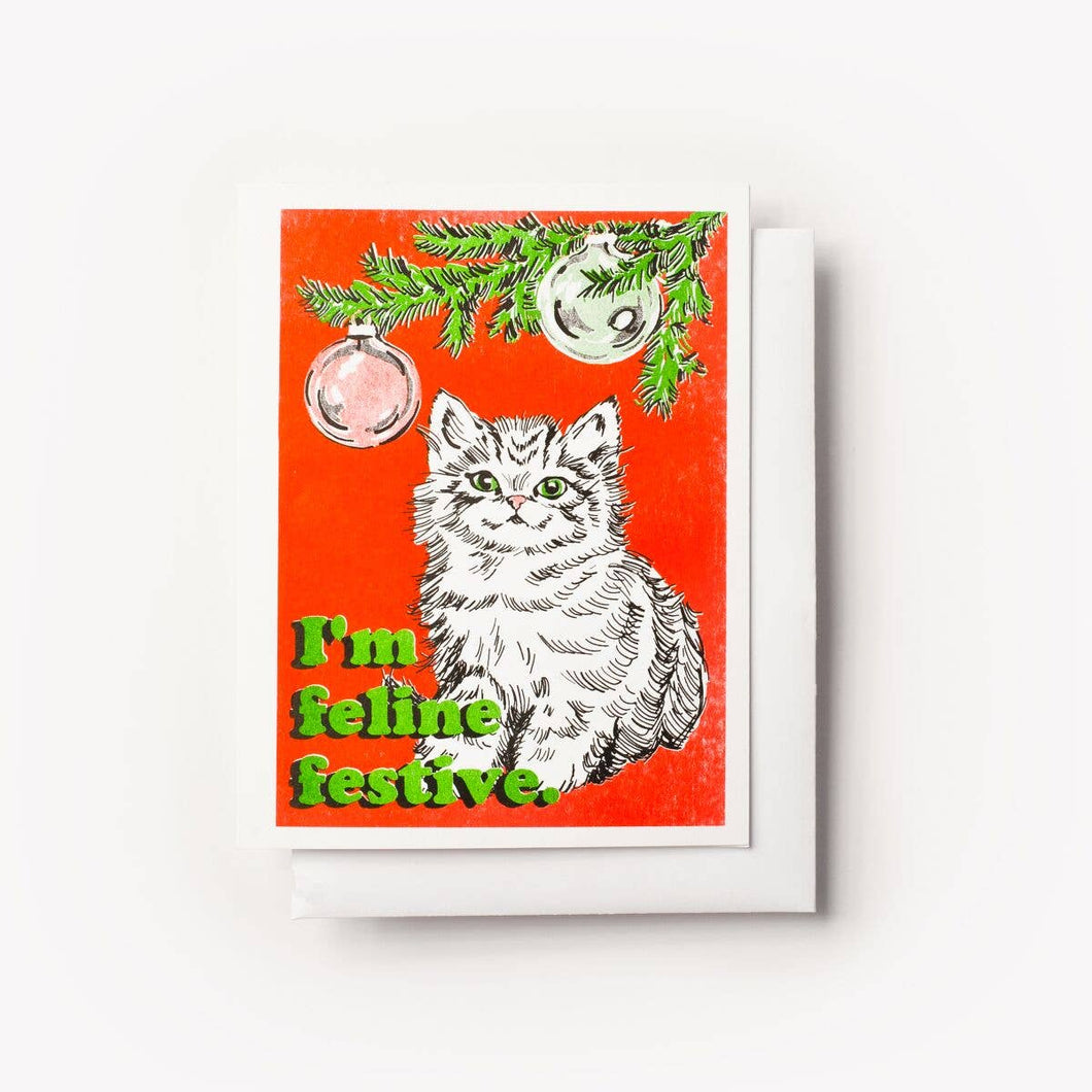 Feline Festive Risograph Card For Christmas and Holidays