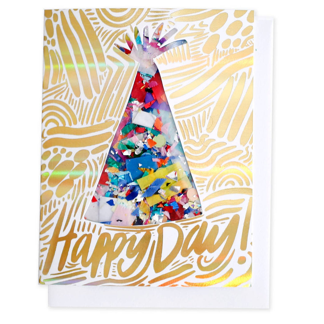 Happy Day Confetti-Filled + Holographic Gold Foil Card